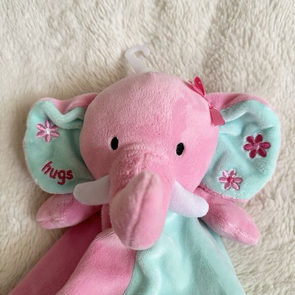 Okie Dokie Elephant Hugs 14” Lovey Rattle Pink Teal Security Blanket Baby Soft - Picture 2 of 6